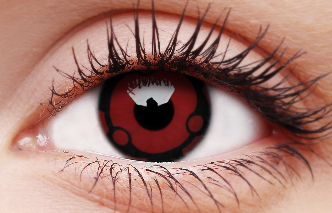 Madara cosplay eye contacts red Sharingan lens close-up