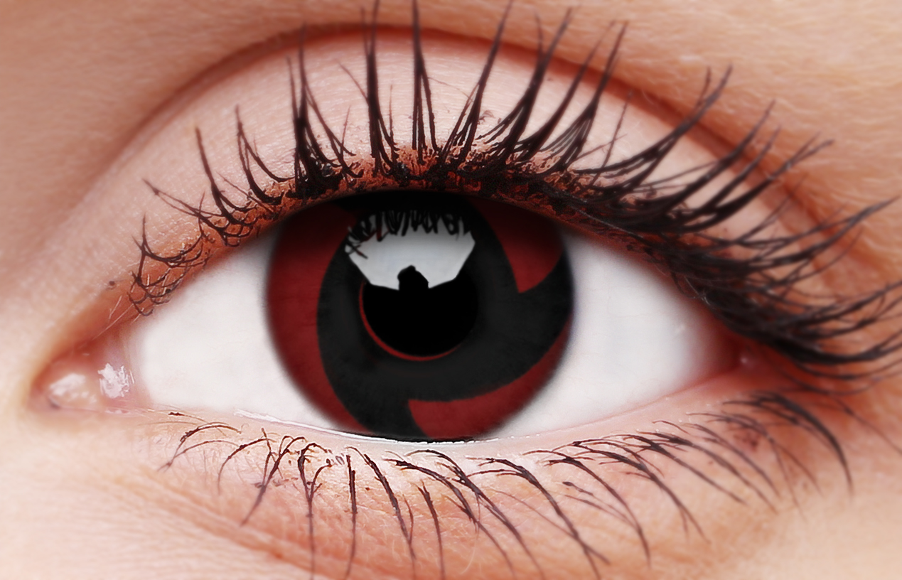 Mangekyou eye contact lens detail on dark eyes