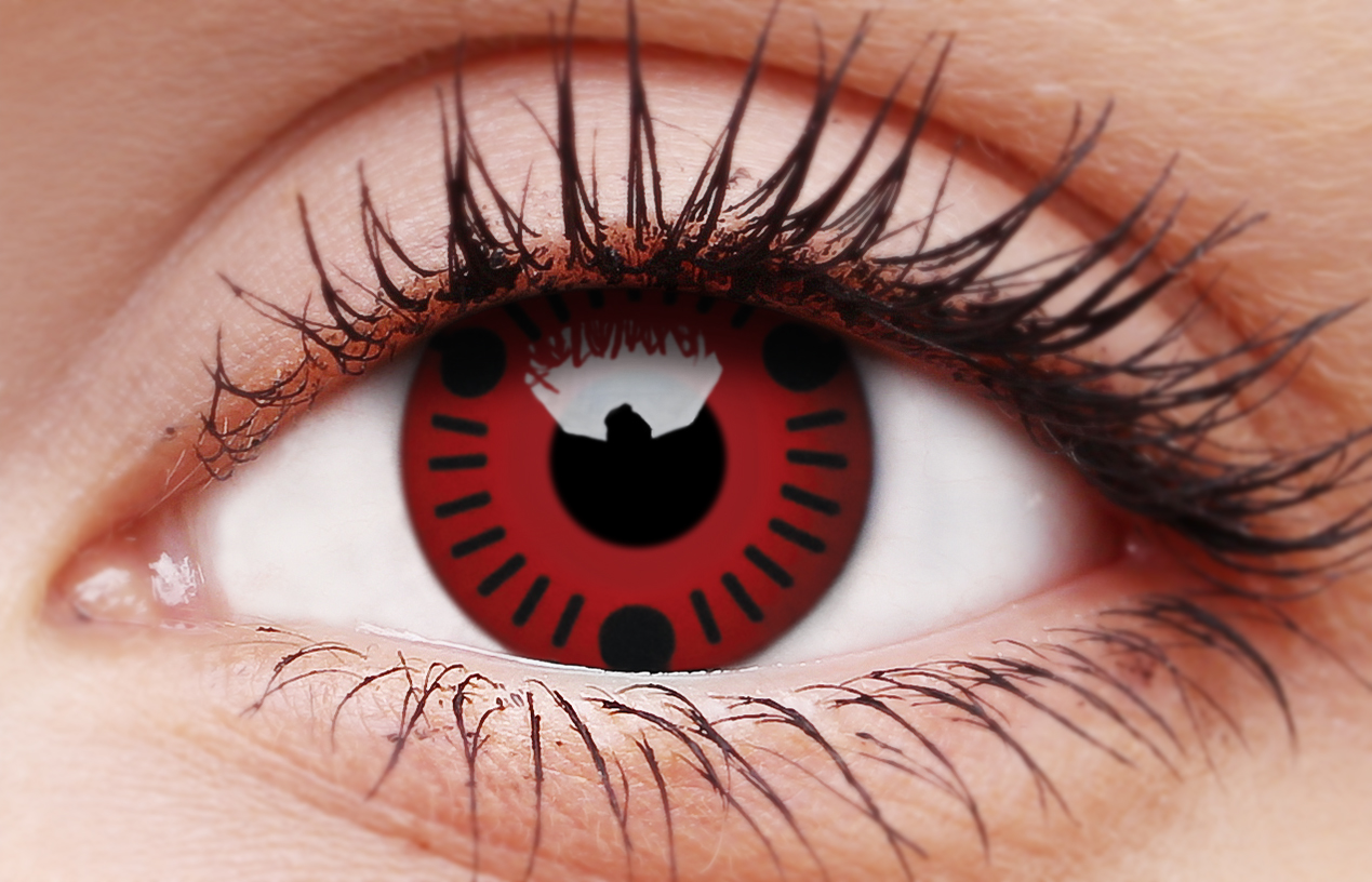 Sasuke cosplay contact lens close-up red tomoe